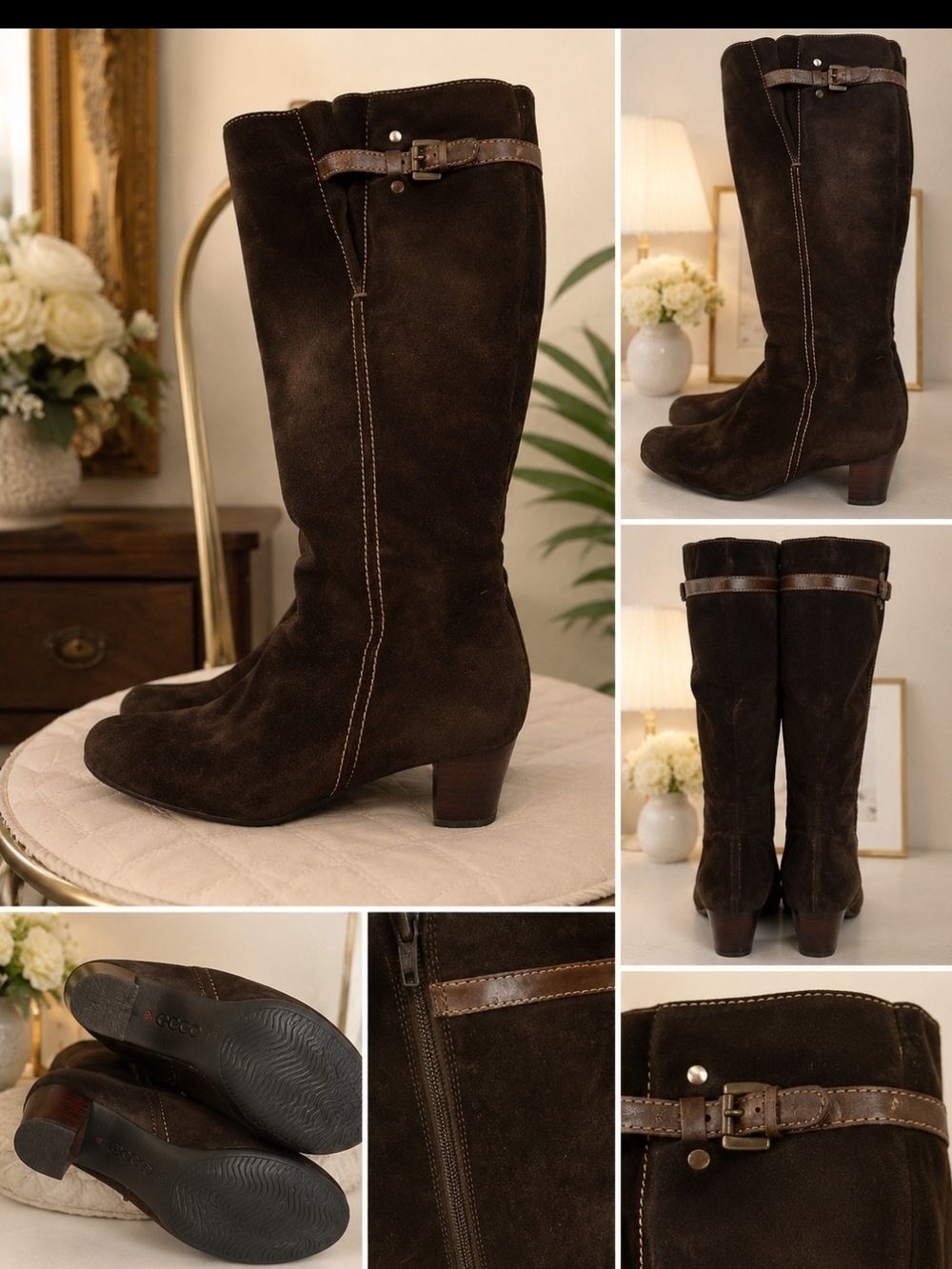 Ecco Dark Brown Suede Mid-Calf Heeled Boots